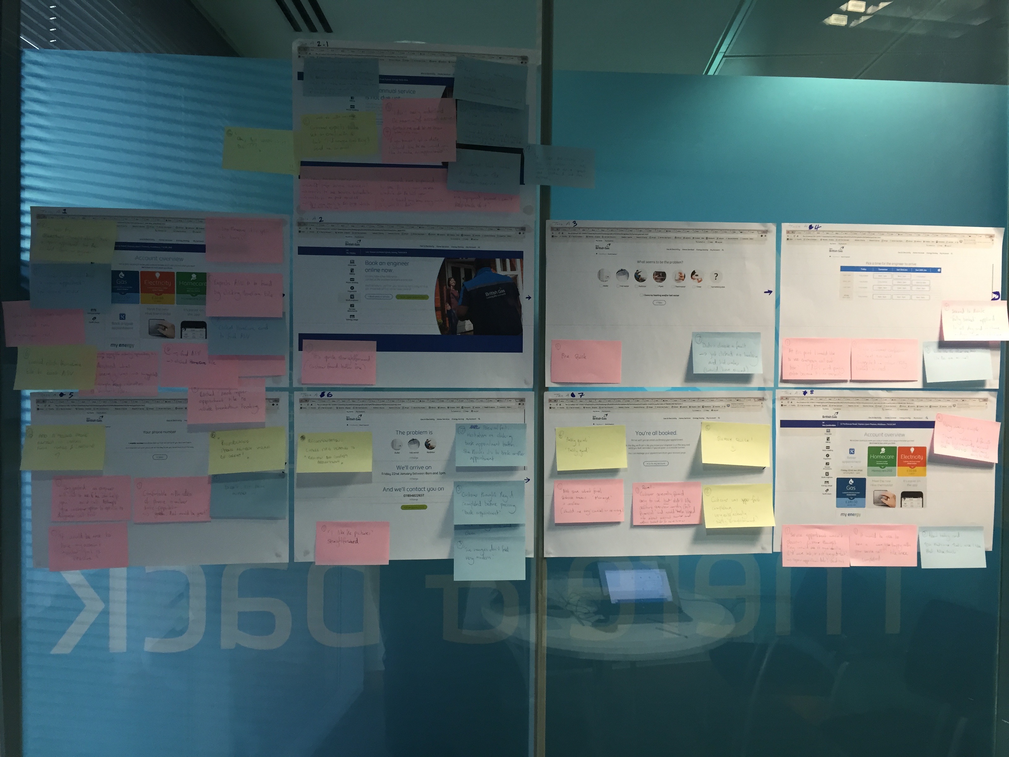 British Gas user testing outputs on the wall